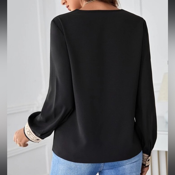SHEIN CURVE CONTRAST LACE LONG-SLEEVE BLOUSE BLACK/TAN 0XL WOMEN - Picture 3 of 15